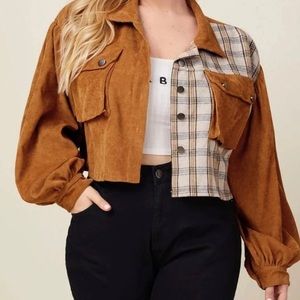 SHEIN plus plaid corduroy button-front cropped jacket